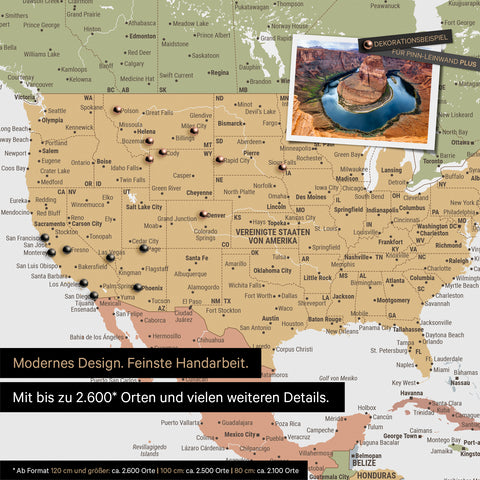 Gedetailleerde wereldkaart als prikbord in multicolor sienna voor het markeren van tot wel 2.600 reisbestemmingen in de VS, Canada en Mexico, ideaal voor de visuele weergave van afgelopen reizen en toekomstige reisplannen