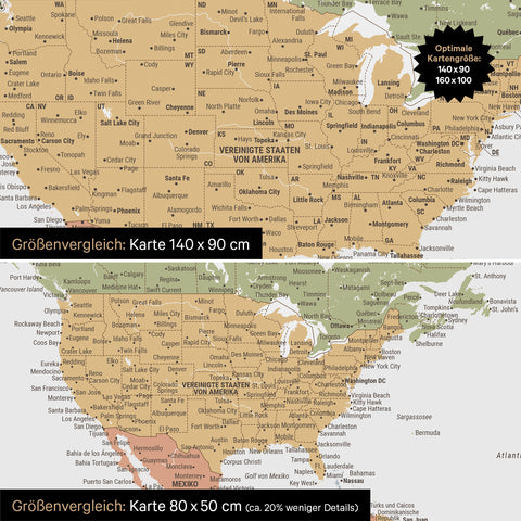 Groottevergelijking van een wereldkaart canvas in de formaten 140 x 90 cm en 80 x 50 cm