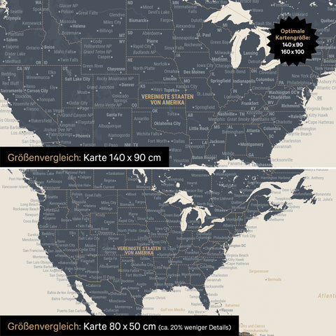 Größenvergleich einer Weltkarte Leinwand in den Formaten 140 x 90 cm und 80 x 50 cm