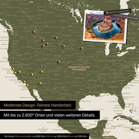 Detailreiche Weltkarte als Pinnwand in Oliv-Grün zur Markierung von bis zu 2.600 Reisezielen in den USA, Kanada und Mexiko, Ideal für die visuelle Darstellung vergangener Reisen und zukünftiger Reisepläne