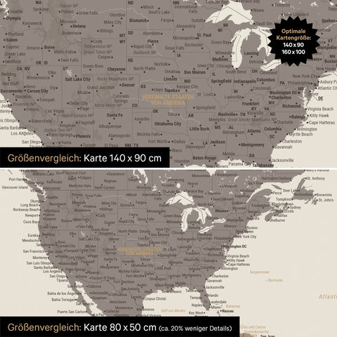 Größenvergleich einer Weltkarte Leinwand in den Formaten 140 x 90 cm und 80 x 50 cm