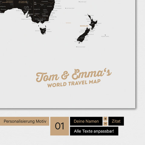 Personalisierte Weltkarte in Farbe Light Black mit deinem Namen eingedruckt