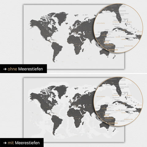 World map in Light Gray color with two-dimensional sea depths