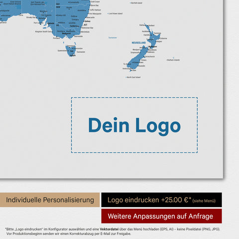 Weltkarte als Magnettafel in Multicolor Blau mit Eindruck eines Firmenlogos