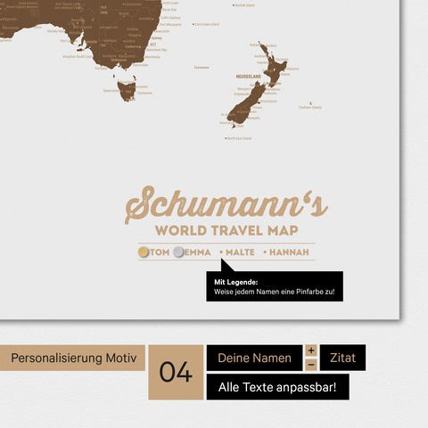 Weltkarte Magnetboard in der Farbe Braun mit Personalisierung als Logo im Vintage-Look