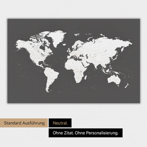 Magnetische Weltkarte in Dunkelgrau mit eingedrucktem Zitat von Anthony Bourdain