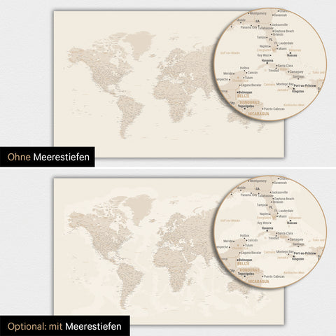 Weltkarte-Magnetboard in Gold mit zweidimensionalen Meerestiefen