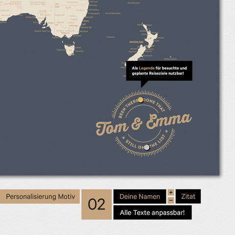 Personalisierte Magnet-Weltkarte in Hale Navy (Dunkelblau-Gold) mit eingedruckten Namen und einer Legende zur Markierung von besuchten Orten