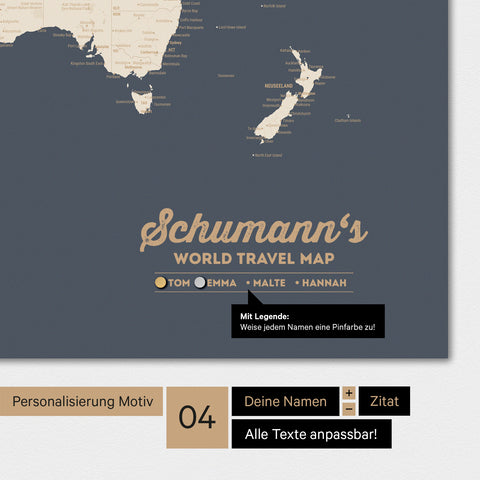 Magnetboard Weltkarte in Hale Navy (Dunkelblau-Gold) mit Personalisierung als Logo mit Familiennamen