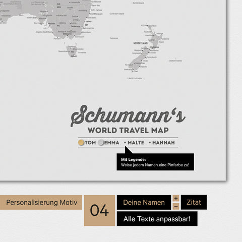 Weltkarte Magnetboard in der Farbe Hellgrau mit Personalisierung als Logo im Vintage-Look