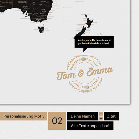 Personalisierte Magnet-Weltkarte in Light Black (Weiss Schwarz) mit eingedruckten Namen und einer Legende zur Markierung von besuchten Orten