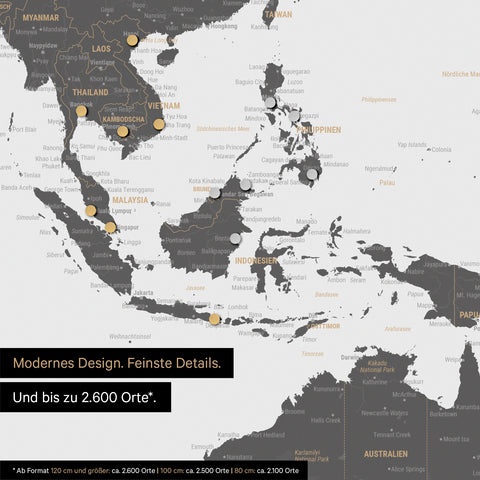 Ausschnitt einer magnetischen Weltkarte in Light Gray zeigt Karte von Asien, auf der Magnete Reiseziele markieren