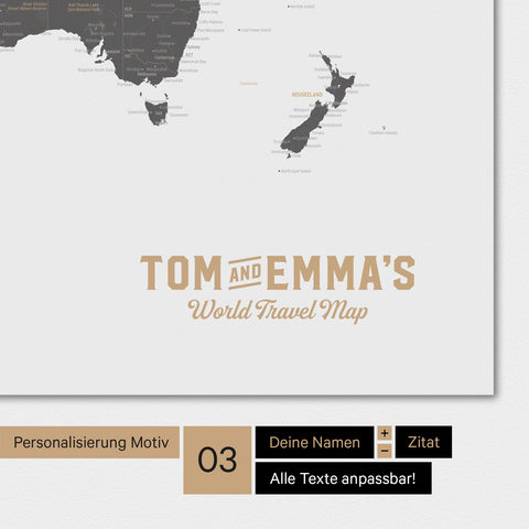 Weltkarte Magnetboard in der Farbe Light Gray mit Personalisierung als Logo im Vintage-Look