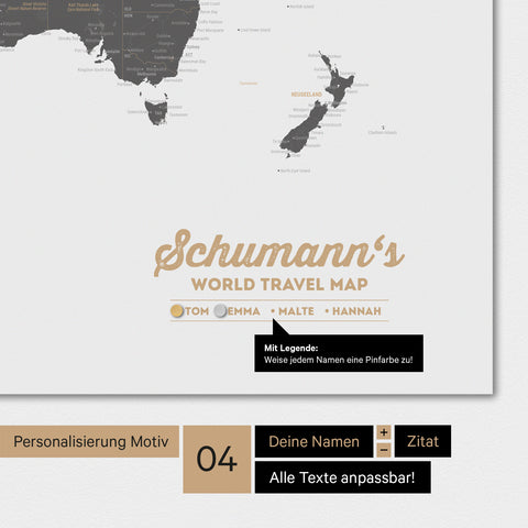 Magnetboard Weltkarte in Light Gray mit Personalisierung als Logo mit Familiennamen