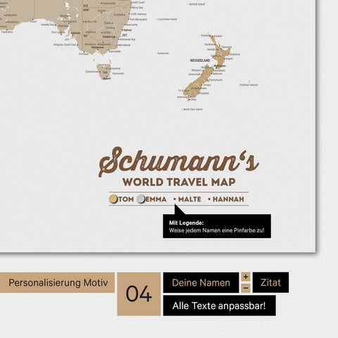 Magnetboard Weltkarte in Multicolor Beige mit Personalisierung als Logo mit Familiennamen