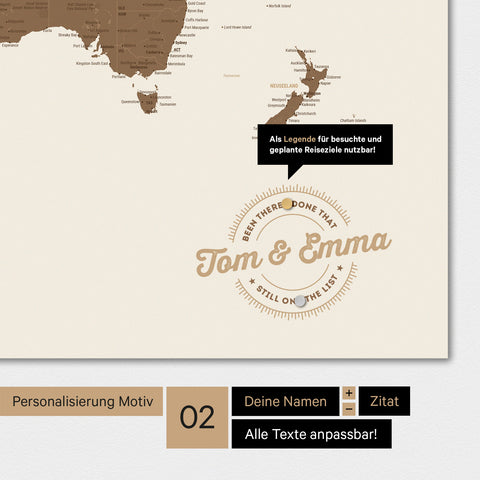 Personalisierte Magnet-Weltkarte in Multicolor Brown mit eingedruckten Namen und einer Legende zur Markierung von besuchten Orten