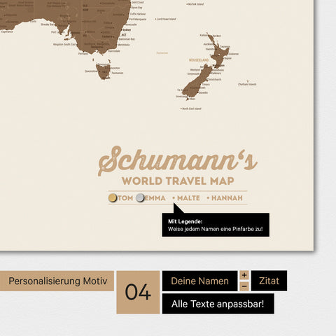 Magnetboard Weltkarte in Multicolor Brown mit Personalisierung als Logo mit Familiennamen