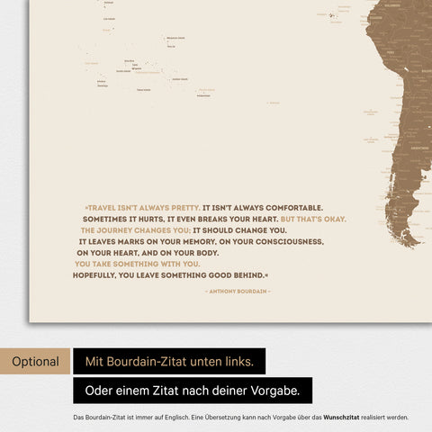 Magnetische Weltkarte in Multicolor Brown mit eingedrucktem Zitat von Anthony Bourdain
