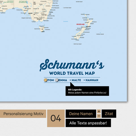 Magnetboard Weltkarte in Multicolor Classic mit Personalisierung als Logo mit Familiennamen