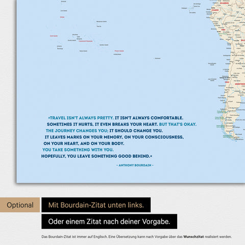 Magnetische Weltkarte in Multicolor Classic mit eingedrucktem Zitat von Anthony Bourdain