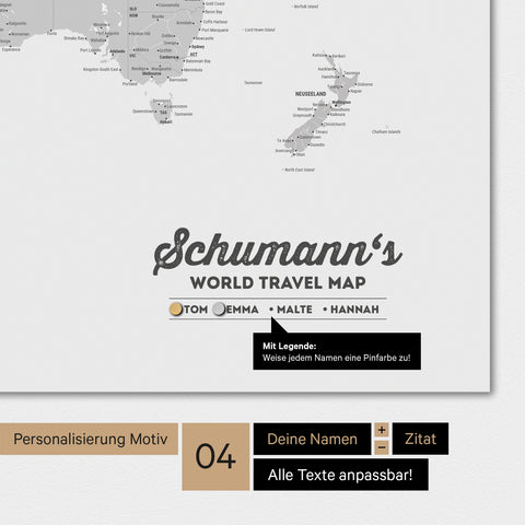 Magnetboard Weltkarte in Multicolor Grau mit Personalisierung als Logo mit Familiennamen
