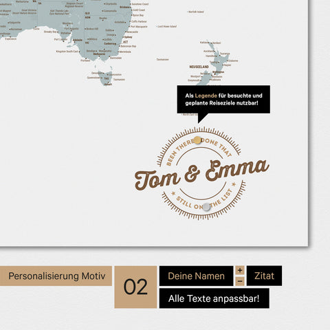 Personalisierte Magnet-Weltkarte in Multicolor Light mit eingedruckten Namen und einer Legende zur Markierung von besuchten Orten