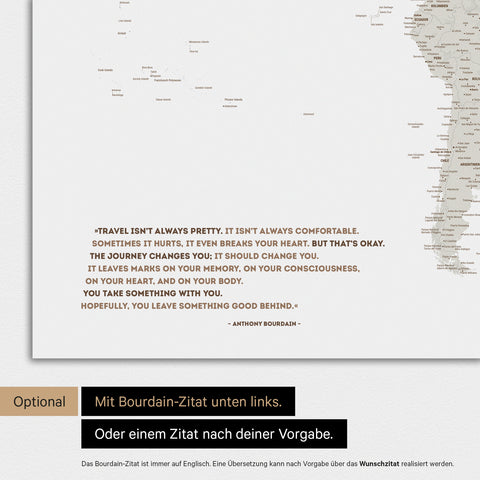Magnetische Weltkarte in Multicolor Light mit eingedrucktem Zitat von Anthony Bourdain