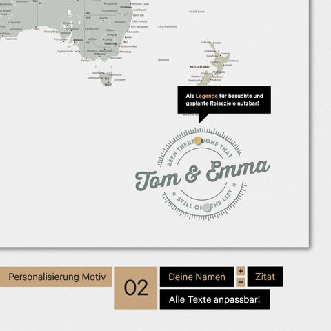 Personalisierte Magnet-Weltkarte in Multicolor Sage mit eingedruckten Namen und einer Legende zur Markierung von besuchten Orten