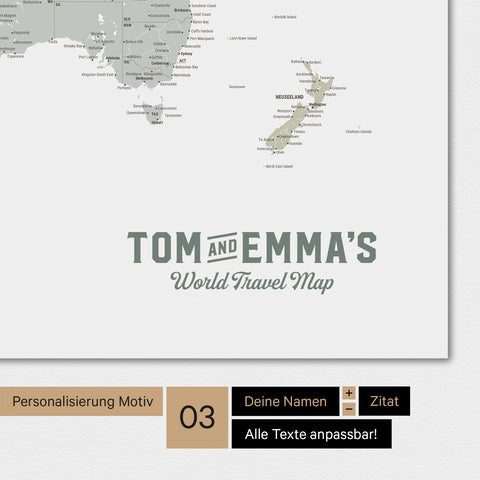 Weltkarte Magnetboard in der Farbe Multicolor Sage mit Personalisierung als Logo im Vintage-Look