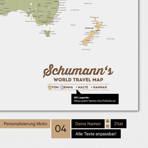 Magnetboard Weltkarte in Multicolor Sienna mit Personalisierung als Logo mit Familiennamen