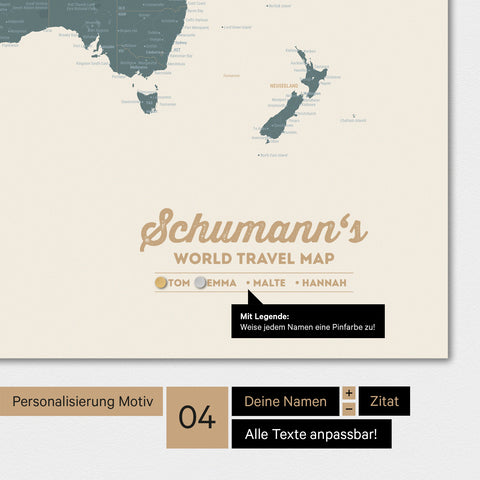 Magnetboard Weltkarte in Multicolor Vivid mit Personalisierung als Logo mit Familiennamen