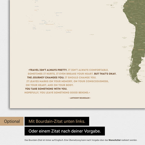 Magnetische Weltkarte in Multicolor Vivid mit eingedrucktem Zitat von Anthony Bourdain