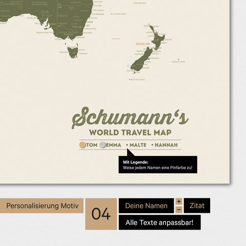 Weltkarte Magnetboard in der Farbe Oliv-Grün mit Personalisierung als Logo im Vintage-Look