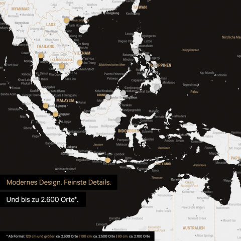 Ausschnitt einer magnetischen Weltkarte in Schwarz-Weiss zeigt Karte von Asien, auf der Magnete Reiseziele markieren