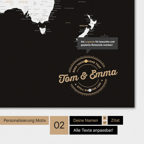 Personalisierte Magnet-Weltkarte in Schwarz-Weiss mit eingedruckten Namen und einer Legende zur Markierung von besuchten Orten