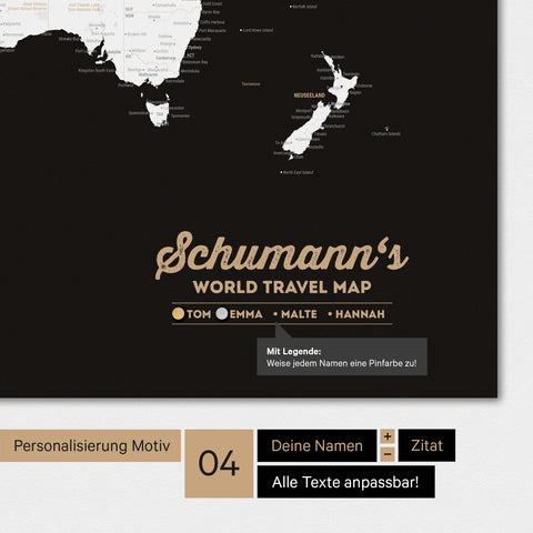 Weltkarte Magnetboard in der Farbe Schwarz-Weiss mit Personalisierung als Logo im Vintage-Look