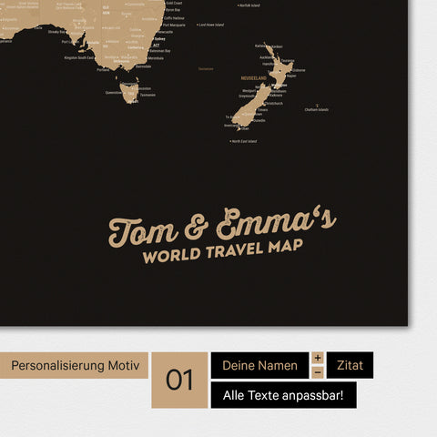 Magnetische Weltkarte als Magnetboard in Multicolor Sonar Black (Schwarz-Gold) mit Personalisierung und eigedruckten Namen