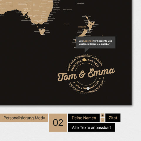 Personalisierte Magnet-Weltkarte in Multicolor Sonar Black (Schwarz-Gold) mit eingedruckten Namen und einer Legende zur Markierung von besuchten Orten