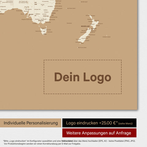 Weltkarte als Magnettafel in Treasure Gold mit Eindruck eines Firmenlogos