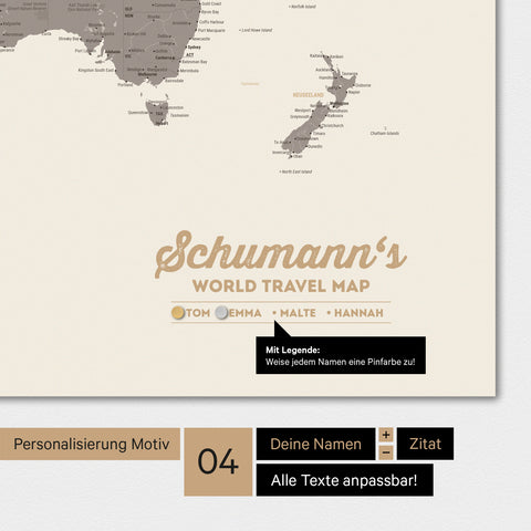 Magnetboard Weltkarte in Warmgray (Braun-Grau) mit Personalisierung als Logo mit Familiennamen