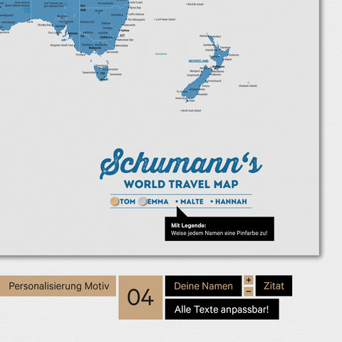 Magnetische Weltkarte in Blau mit Personalisierung als Logo mit Familiennamen