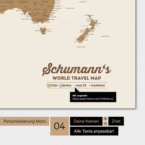 Magnetische Weltkarte in Bronze mit Personalisierung als Logo mit Familiennamen