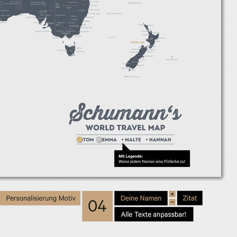 Magnetische Weltkarte in Denim Blue mit Personalisierung als Logo mit Familiennamen