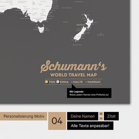 Magnetische Weltkarte in Dunkelgrau mit Personalisierung als Logo mit Familiennamen