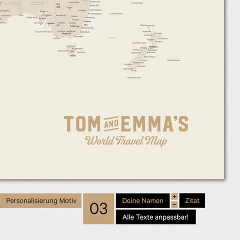 Magnetische Weltkarte in Gold mit Personalisierung als Logo im Vintage-Look