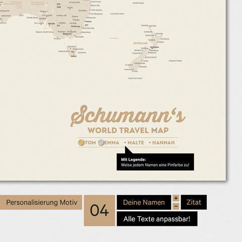 Magnetische Weltkarte in Gold mit Personalisierung als Logo mit Familiennamen