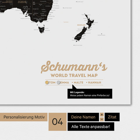 Magnetische Weltkarte in Light Black mit Personalisierung als Logo mit Familiennamen