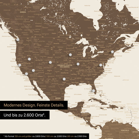 Pinnen von Reisezielen auf einer magnetischen Weltkarte als Magnetposter in Multicolor Braun