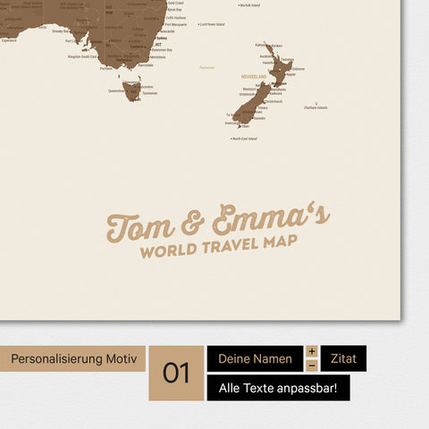 Personalisierte Weltkarte als Magnetposter in Multicolor Braun mit deinem Namen eingedruckt