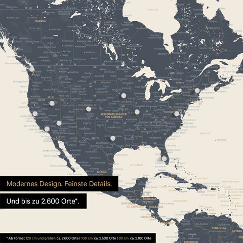 Pinnen von Reisezielen auf einer magnetischen Weltkarte als Magnetposter in Navy Light